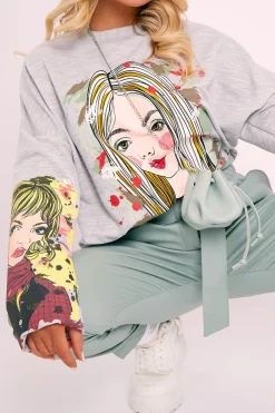 Rebellious Fashion Grey Illustration Graphic Print Sweatshirt - Cammie