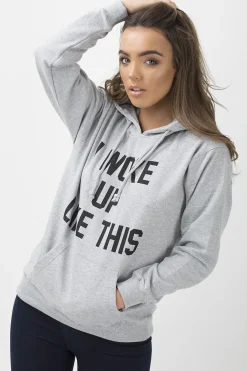 Rebellious Fashion Grey 'I Woke Up Like This' Slogan Hoodie - Bey