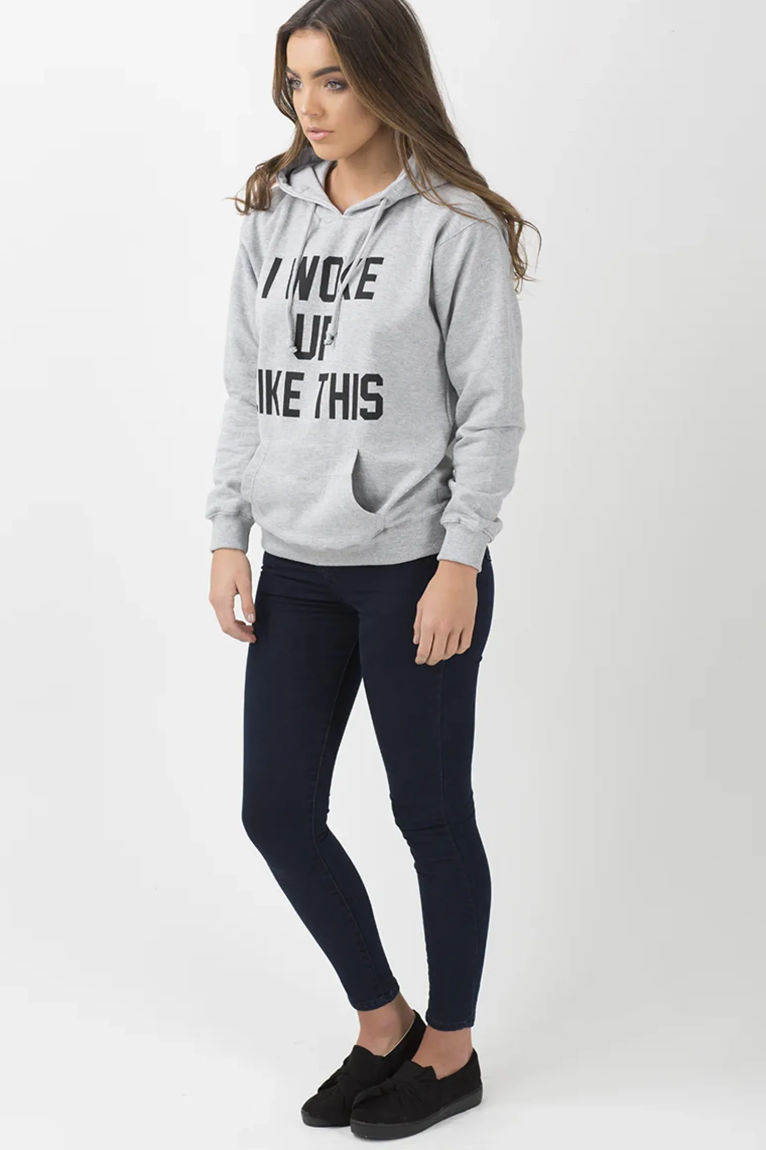 Rebellious Fashion Grey 'I Woke Up Like This' Slogan Hoodie - Bey