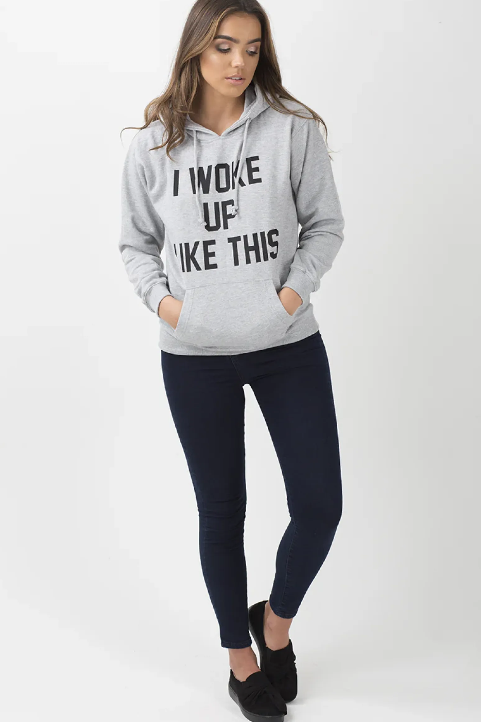 Rebellious Fashion Grey 'I Woke Up Like This' Slogan Hoodie - Bey