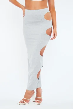 Rebellious Fashion Grey Jersey Side Cut Out Maxi Skirt - Adara