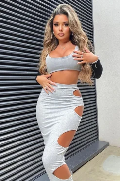 Rebellious Fashion Grey Jersey Side Cut Out Maxi Skirt - Adara