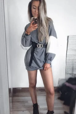 Rebellious Fashion Grey Jumper Dress with Fur Sleeves - Paris