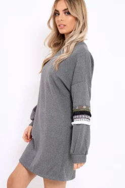 Rebellious Fashion Grey Jumper Dress with Sleeve Trim Detail - Hermina