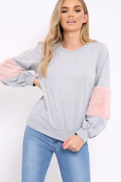 Rebellious Fashion Grey Jumper with Fur and Pearl Sleeves - Izabella