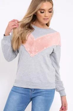 Rebellious Fashion Grey Jumper with Fur and Pearl Front - Annita