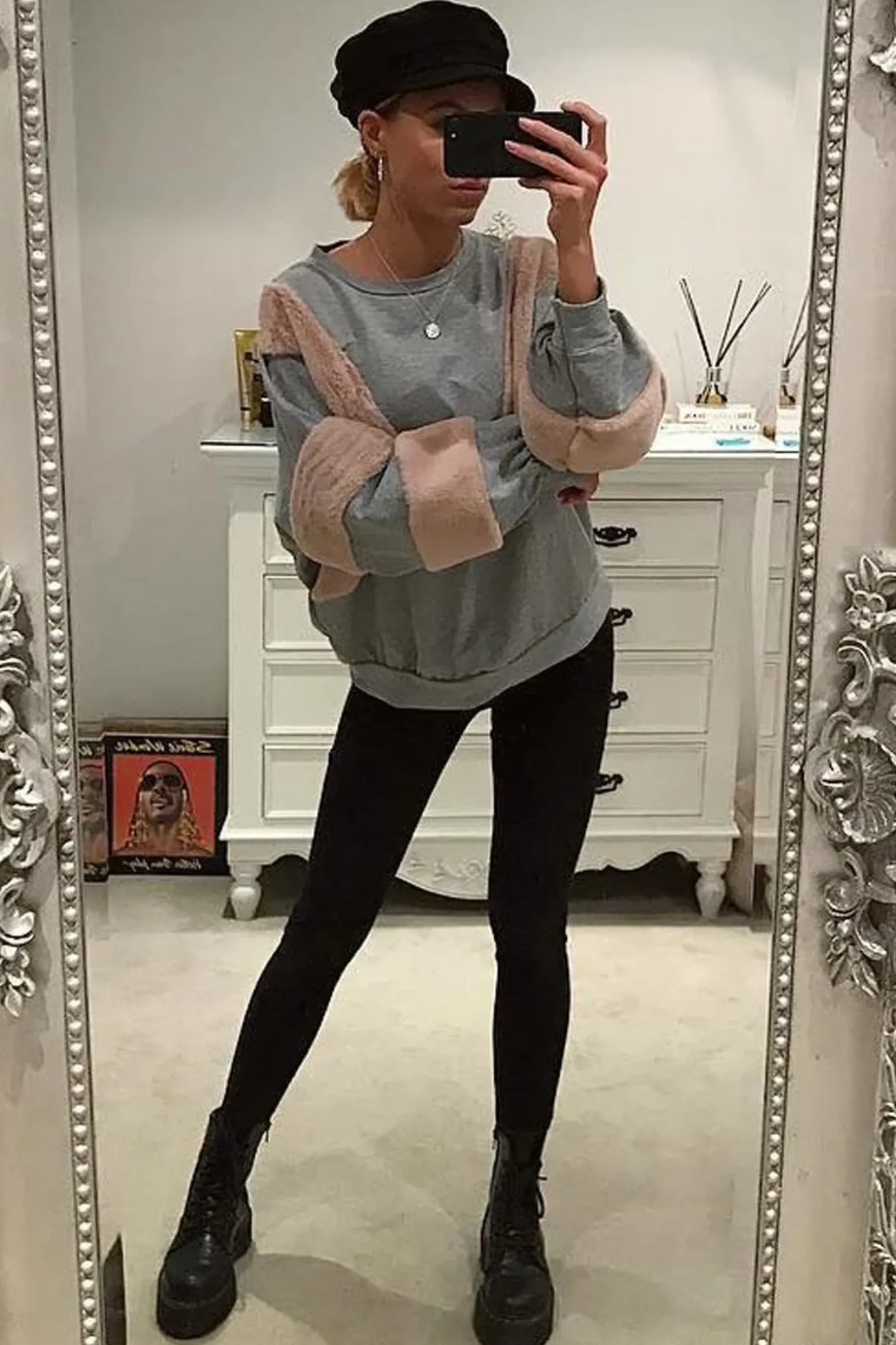 Rebellious Fashion Grey Jumper with Fur on Front and Sleeves - Mercedes