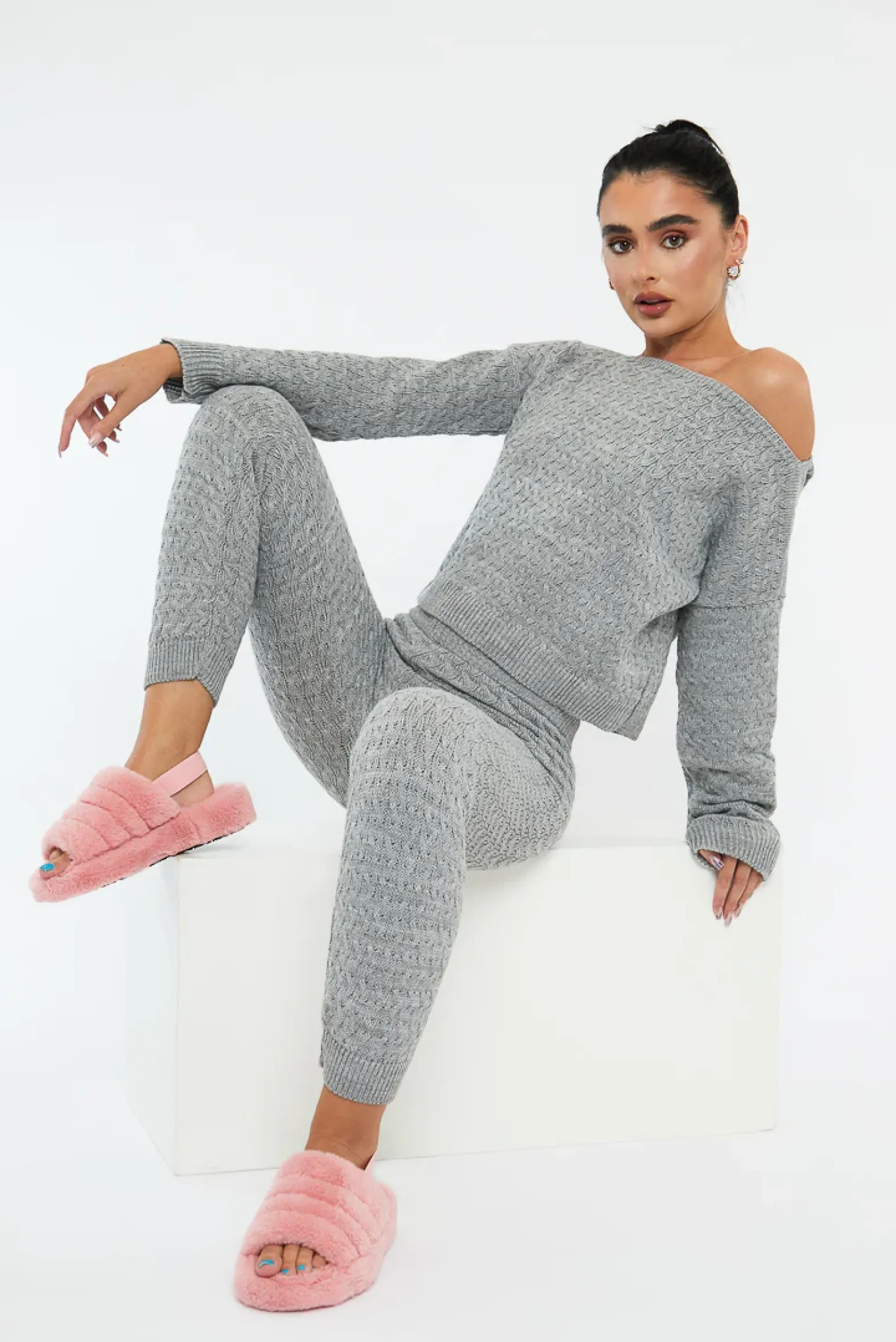 Rebellious Fashion Grey Knit Cropped Jumper & Jogger Set - Kezzie