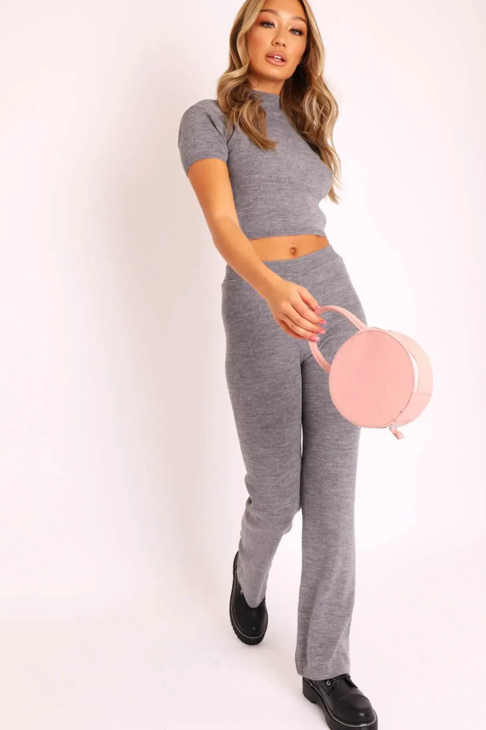 Rebellious Fashion Grey Knit High Neck Crop Top and Trouser Co-ord - Helena