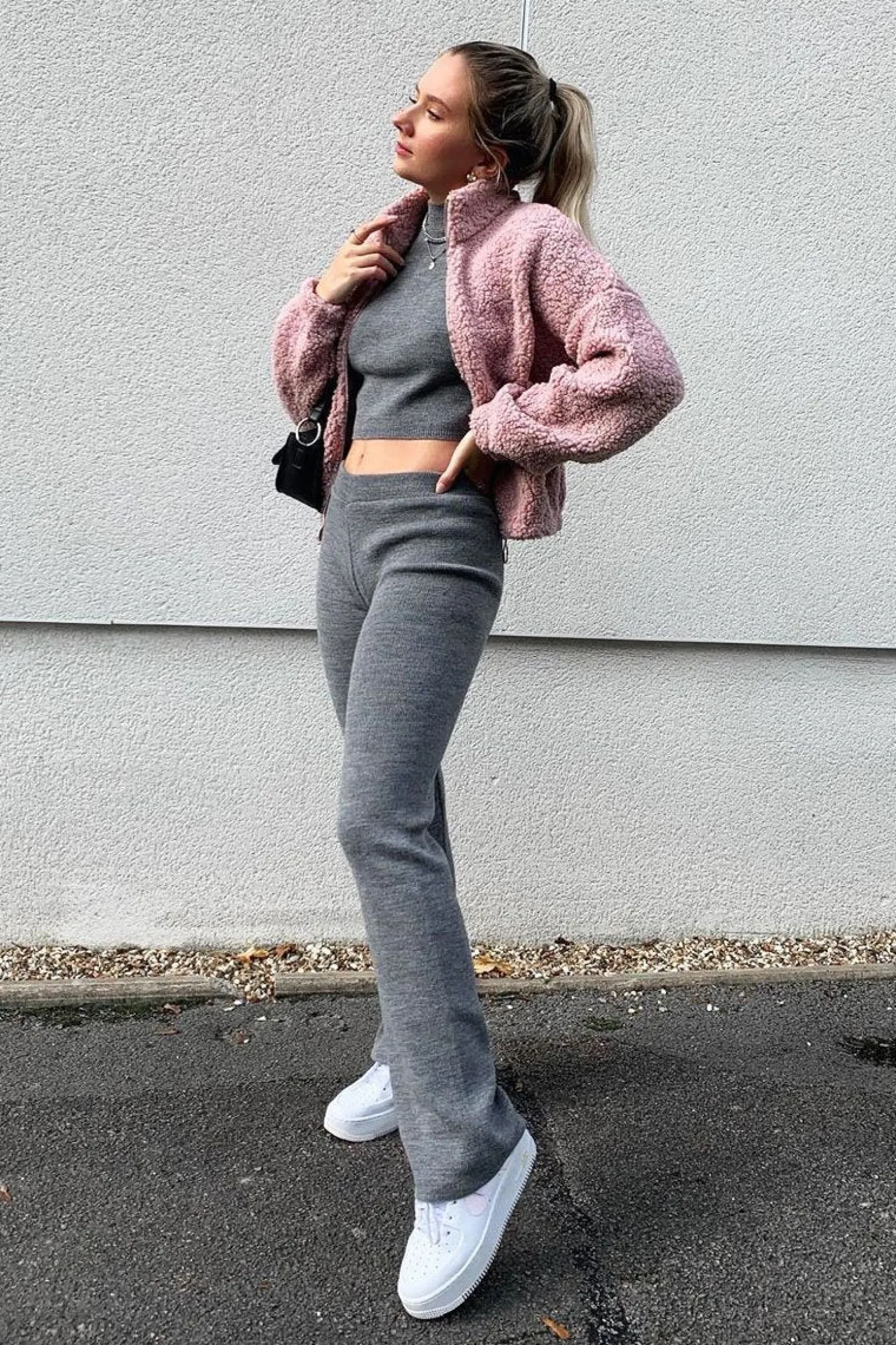 Rebellious Fashion Grey Knit High Neck Crop Top and Trouser Co-ord - Helena