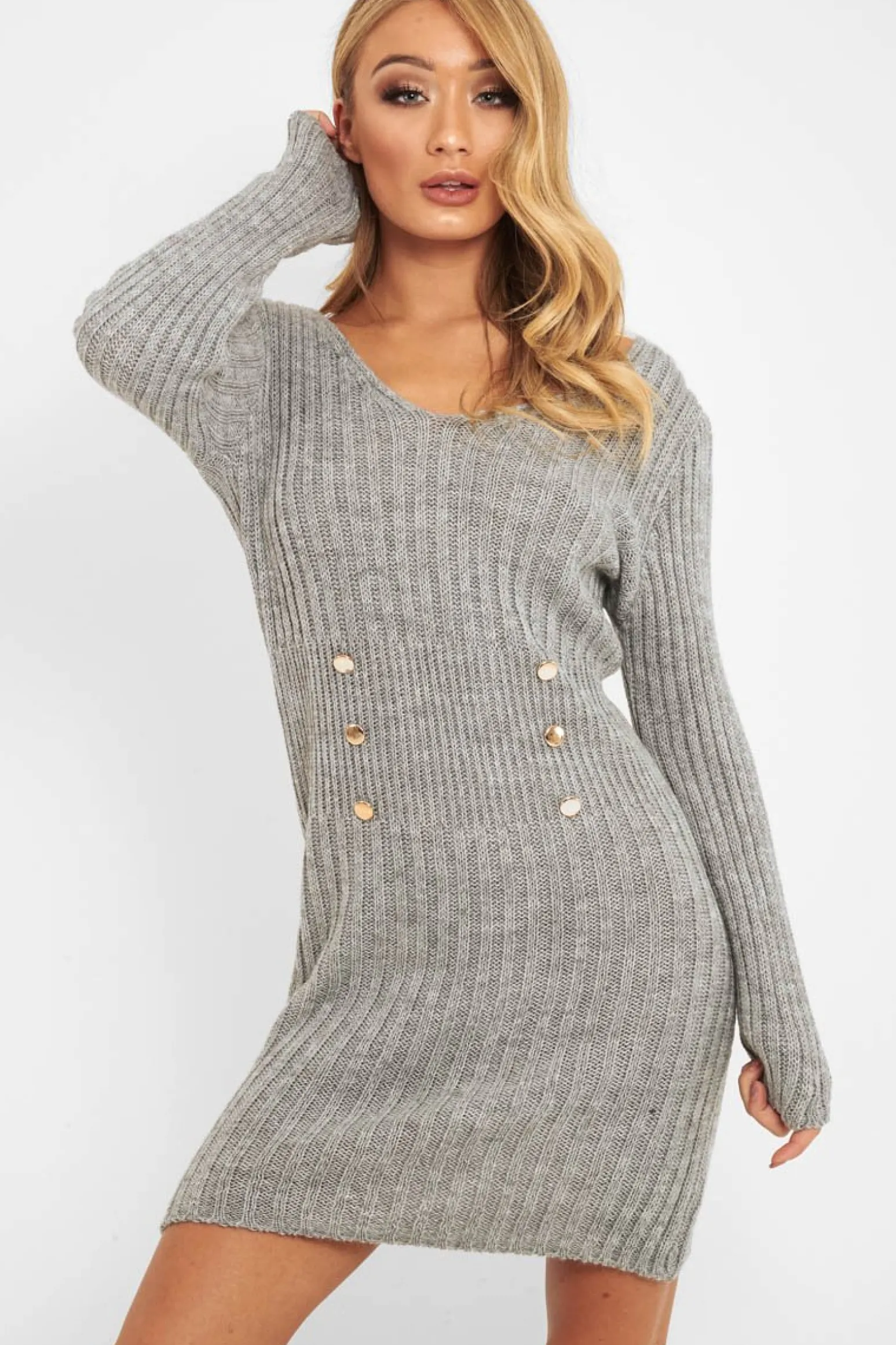 Rebellious Fashion Grey Knit Plunge Button Front Jumper Dress - Cariah