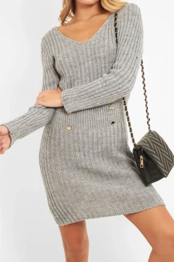 Rebellious Fashion Grey Knit Plunge Button Front Jumper Dress - Cariah