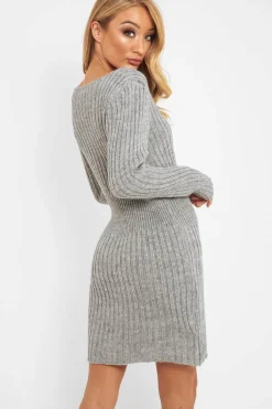 Rebellious Fashion Grey Knit Plunge Button Front Jumper Dress - Cariah