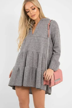 Rebellious Fashion Grey Knit Plunge Flute Sleeve Shift Dress - Halsey
