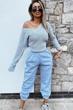Rebellious Fashion Grey Knit Plunge Neckline Jumper - Roselie