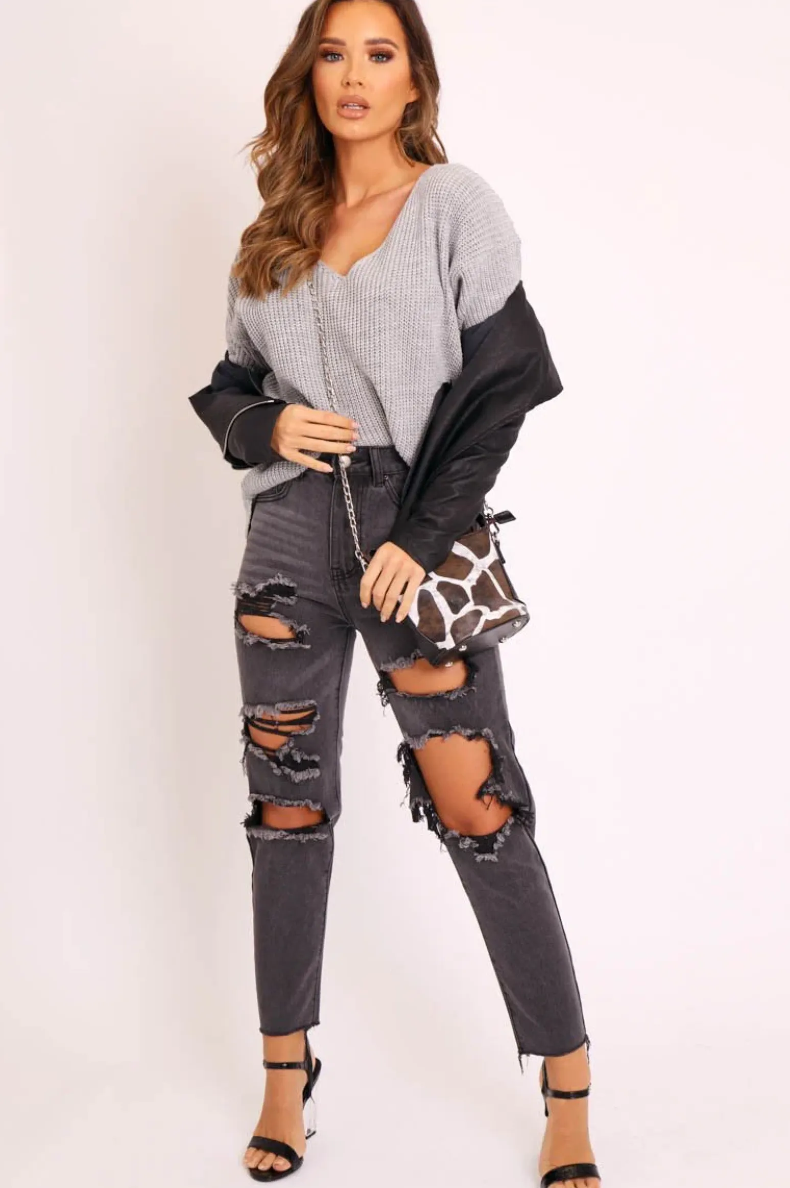 Rebellious Fashion Grey Knit Plunge Neckline Jumper - Roselie