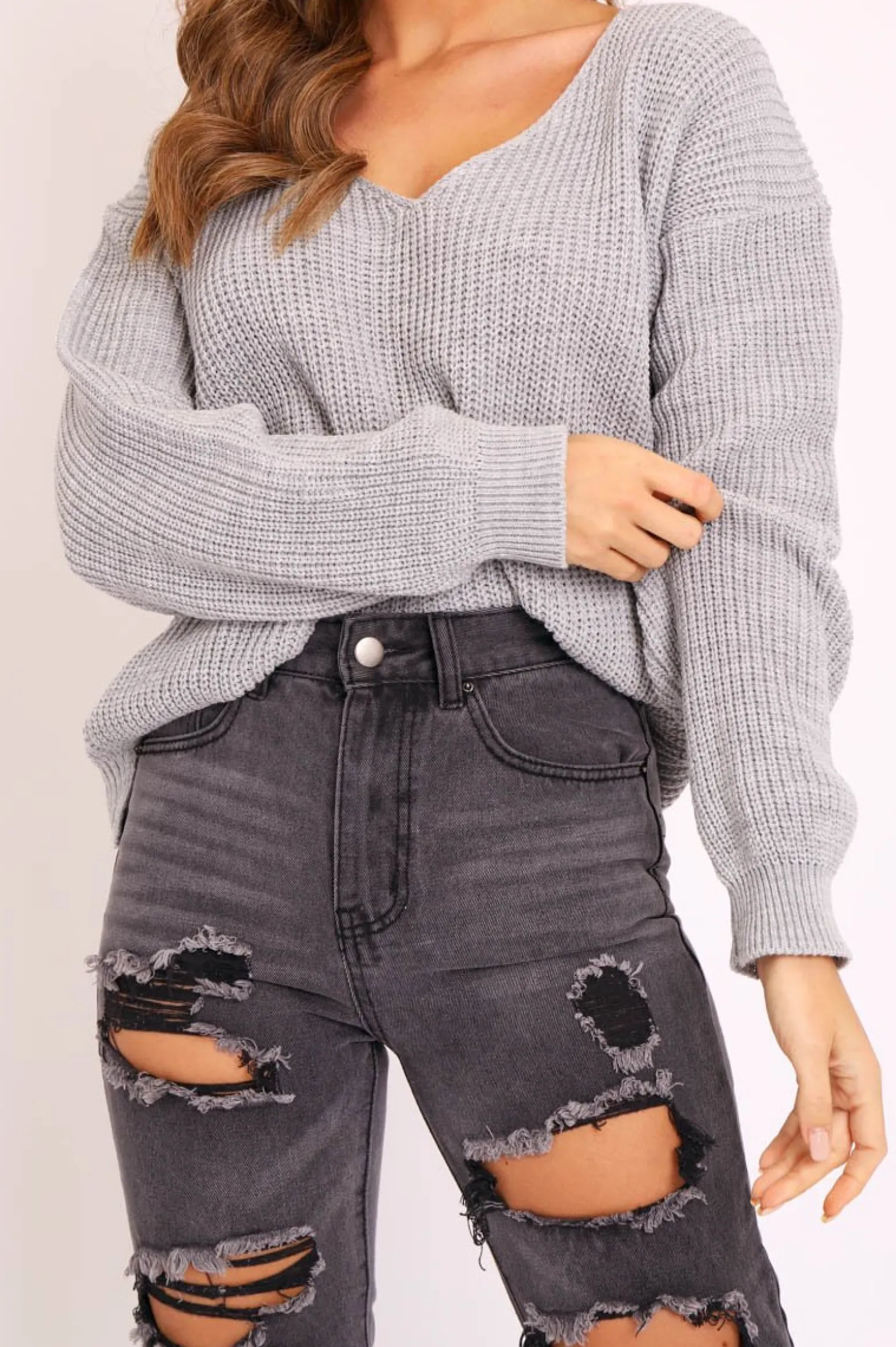 Rebellious Fashion Grey Knit Plunge Neckline Jumper - Roselie