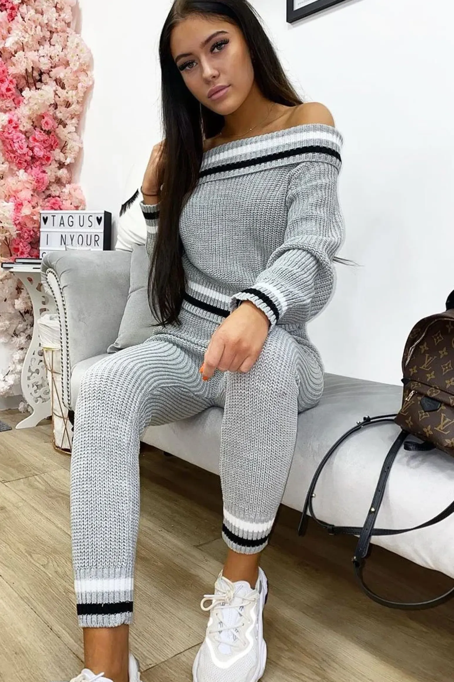 Rebellious Fashion Grey Knitted Bardot Jumper Legging Loungewear Co-ord - Neala