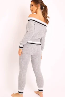 Rebellious Fashion Grey Knitted Bardot Jumper Legging Loungewear Co-ord - Neala