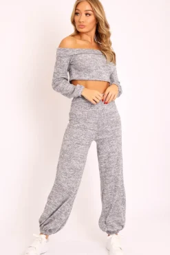 Rebellious Fashion Grey Knitted Bardot Top and Oversized Joggers Loungewear Co-ord - Lorel