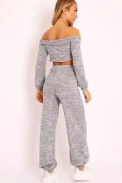 Rebellious Fashion Grey Knitted Bardot Top and Oversized Joggers Loungewear Co-ord - Lorel