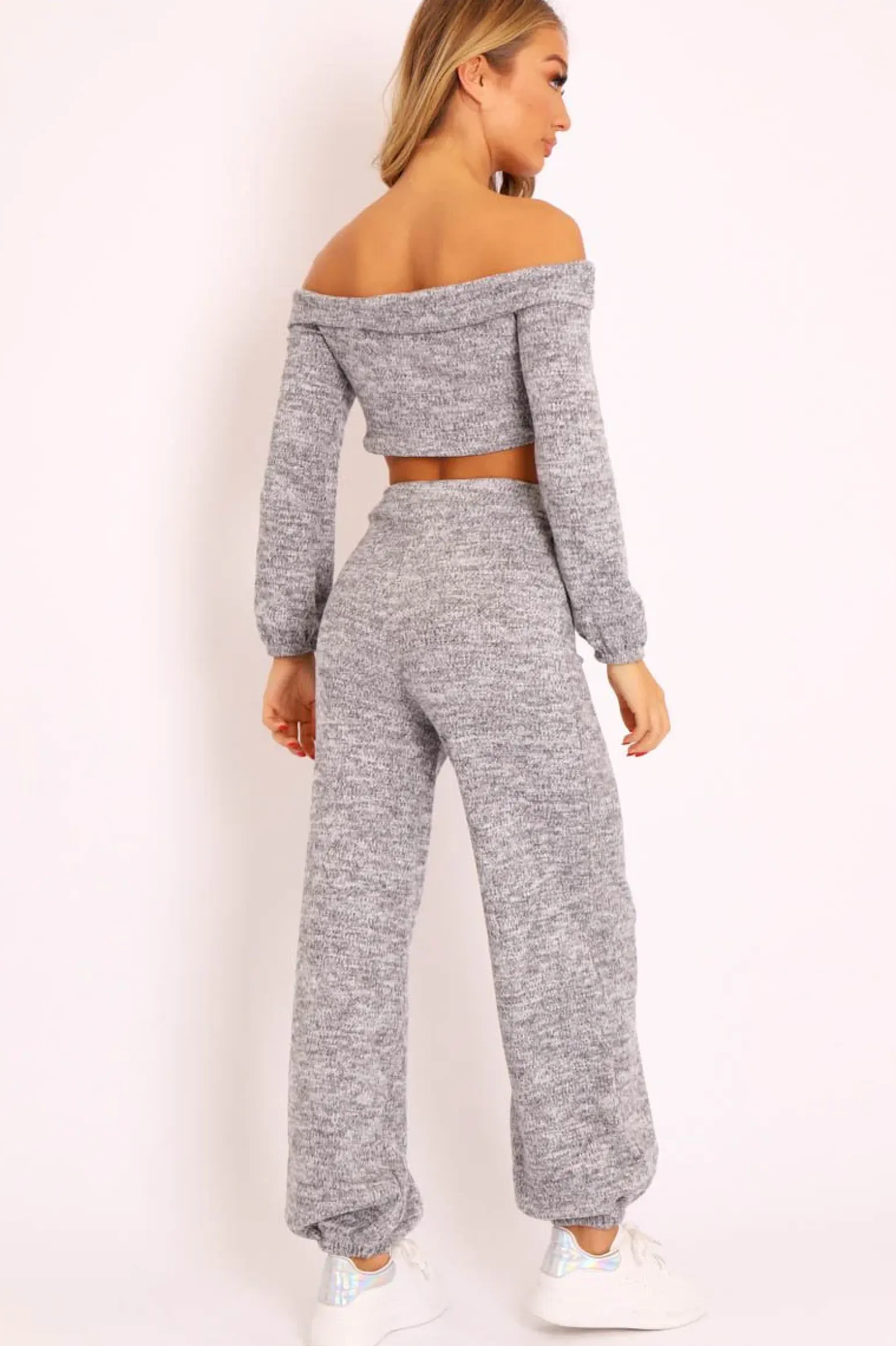 Rebellious Fashion Grey Knitted Bardot Top and Oversized Joggers Loungewear Co-ord - Lorel