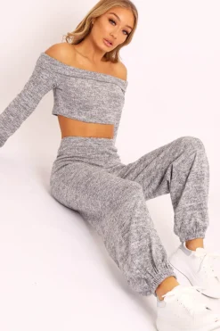 Rebellious Fashion Grey Knitted Bardot Top and Oversized Joggers Loungewear Co-ord - Lorel
