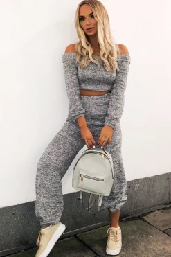 Rebellious Fashion Grey Knitted Bardot Top and Oversized Joggers Loungewear Co-ord - Lorel