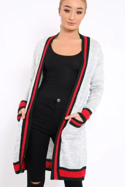 Rebellious Fashion Grey knitted Cardigan with Striped Trim - Ivy