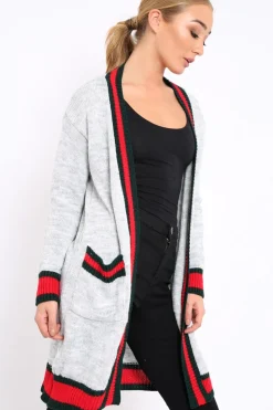 Rebellious Fashion Grey knitted Cardigan with Striped Trim - Ivy