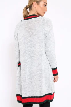 Rebellious Fashion Grey knitted Cardigan with Striped Trim - Ivy