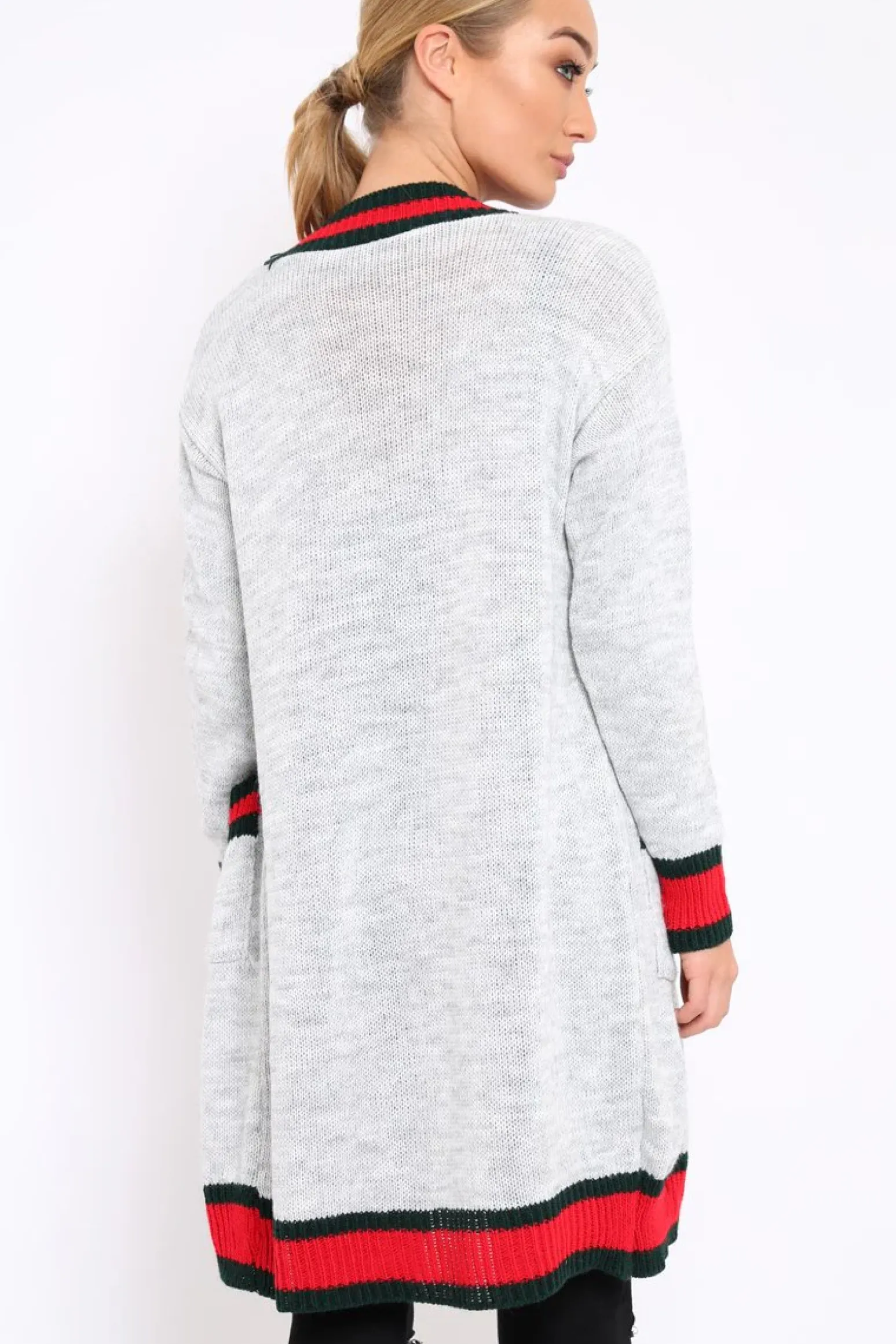 Rebellious Fashion Grey knitted Cardigan with Striped Trim - Ivy