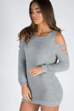 Rebellious Fashion Grey Knitted Cold Shoulder Cut Out Jumper Dress - Sienna