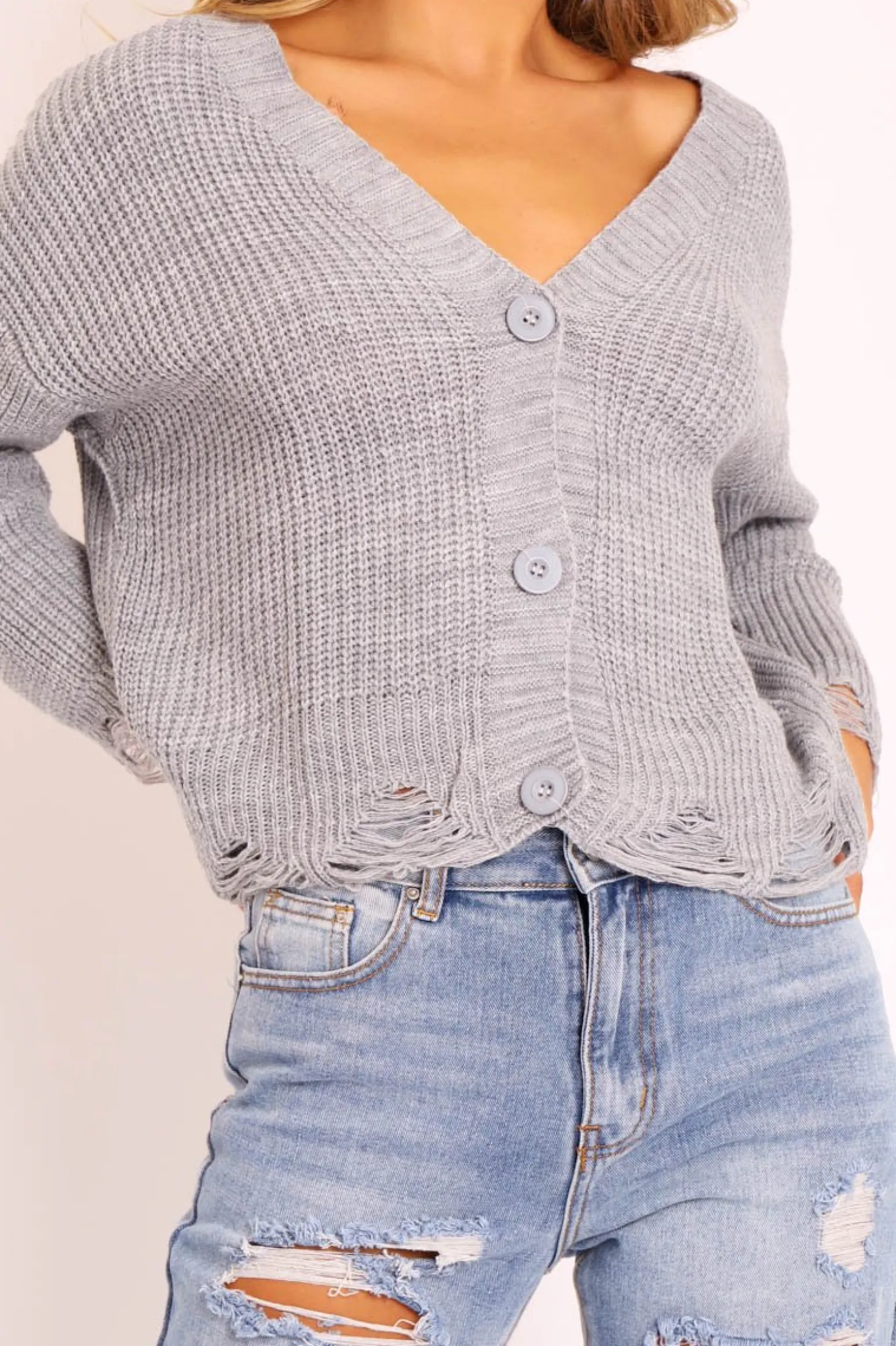 Rebellious Fashion Grey Knitted Distressed Button Front Cardigan - Trudie