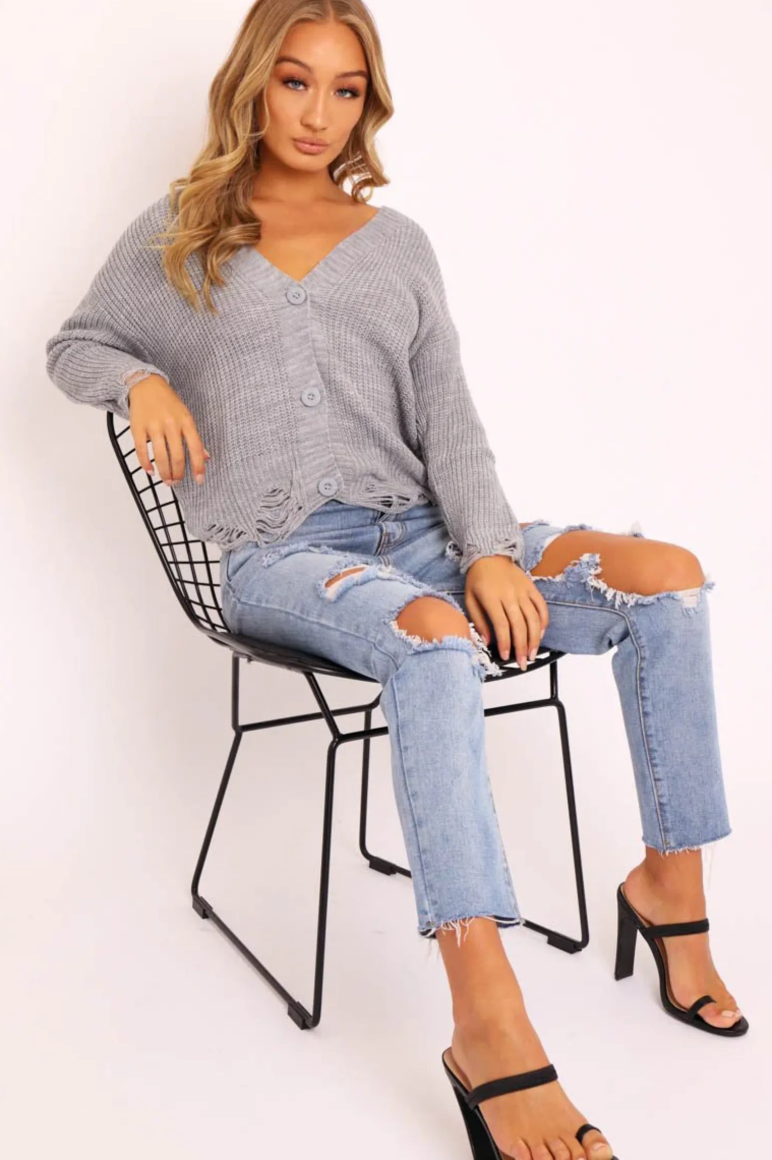 Rebellious Fashion Grey Knitted Distressed Button Front Cardigan - Trudie