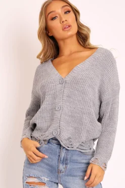 Rebellious Fashion Grey Knitted Distressed Button Front Cardigan - Trudie