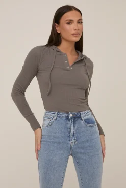 Rebellious Fashion Grey Knitted Hooded Bodysuit - Peony