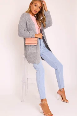 Rebellious Fashion Grey Knitted Oversized Pocket Detail Cardigan - Anna