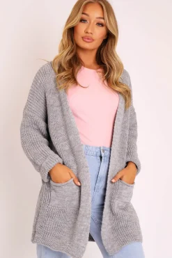 Rebellious Fashion Grey Knitted Oversized Pocket Detail Cardigan - Anna