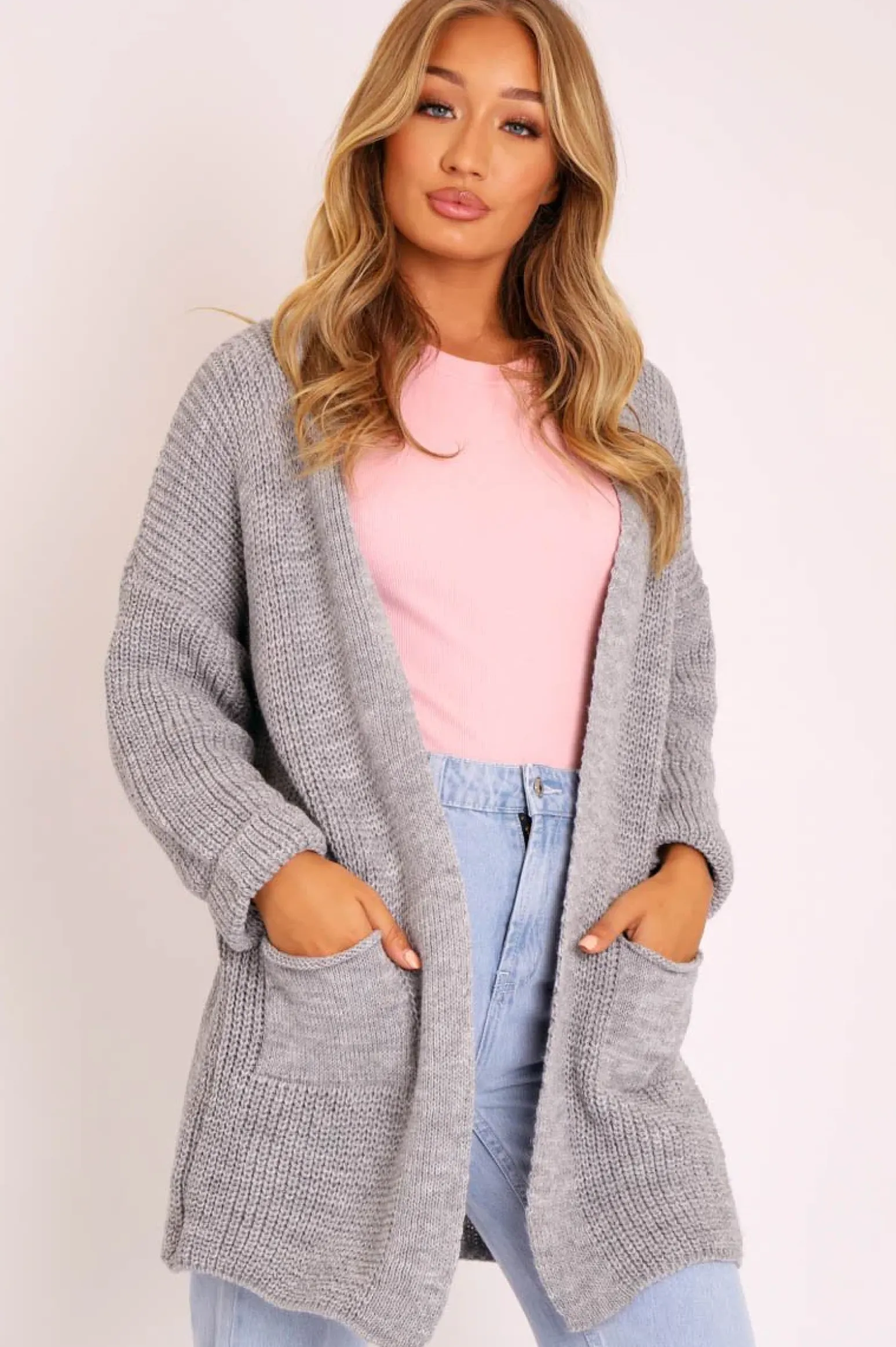 Rebellious Fashion Grey Knitted Oversized Pocket Detail Cardigan - Anna
