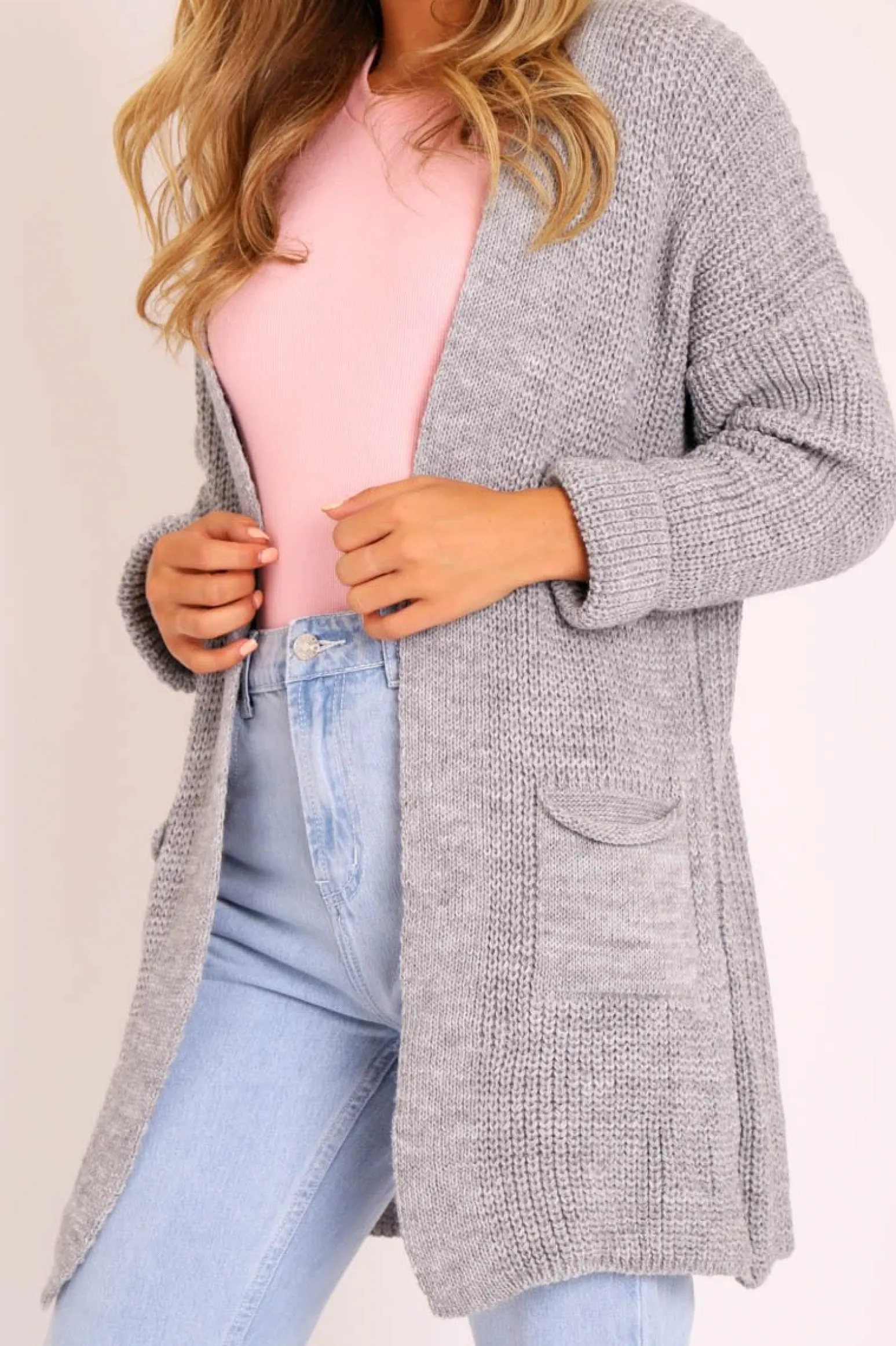 Rebellious Fashion Grey Knitted Oversized Pocket Detail Cardigan - Anna