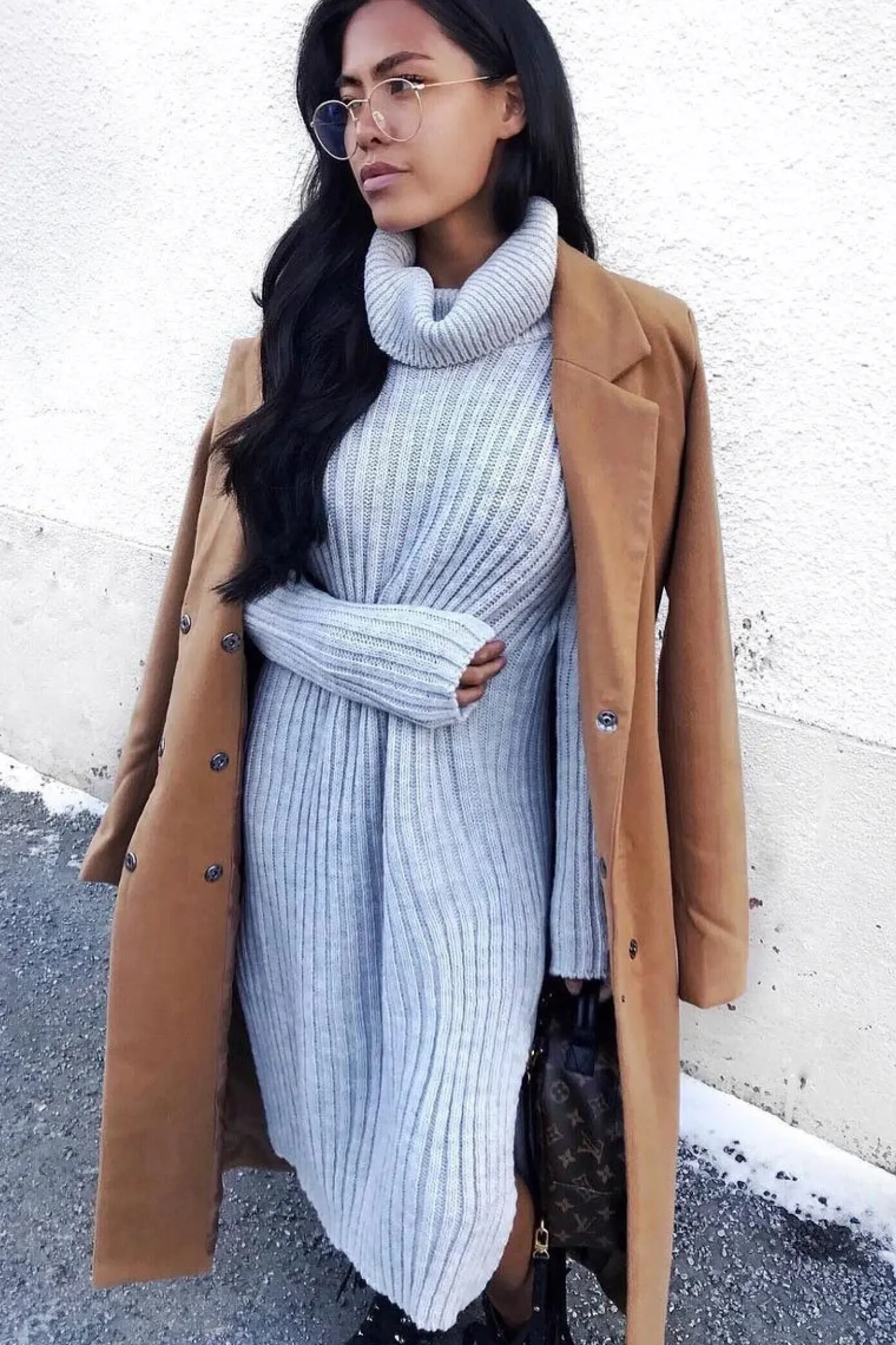 Rebellious Fashion Grey Knitted Roll Neck Jumper Dress - Cecily