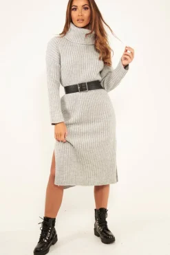 Rebellious Fashion Grey Knitted Roll Neck Jumper Dress - Cecily