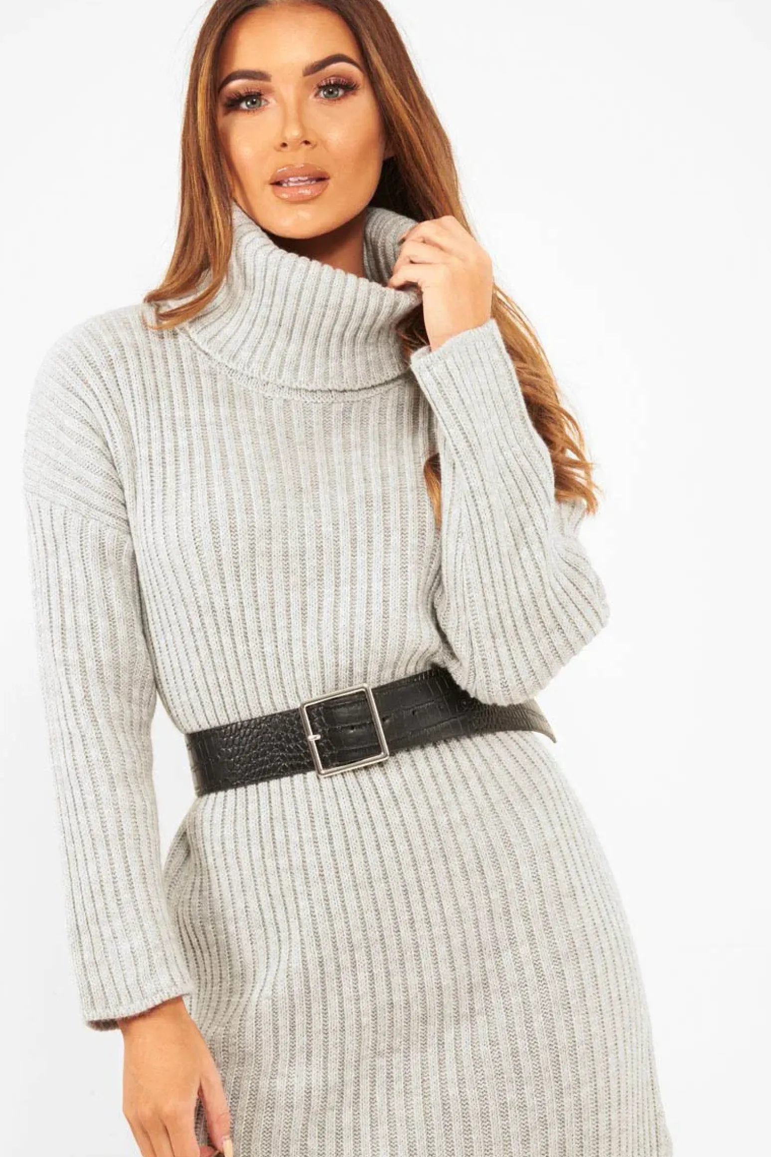Rebellious Fashion Grey Knitted Roll Neck Jumper Dress - Cecily