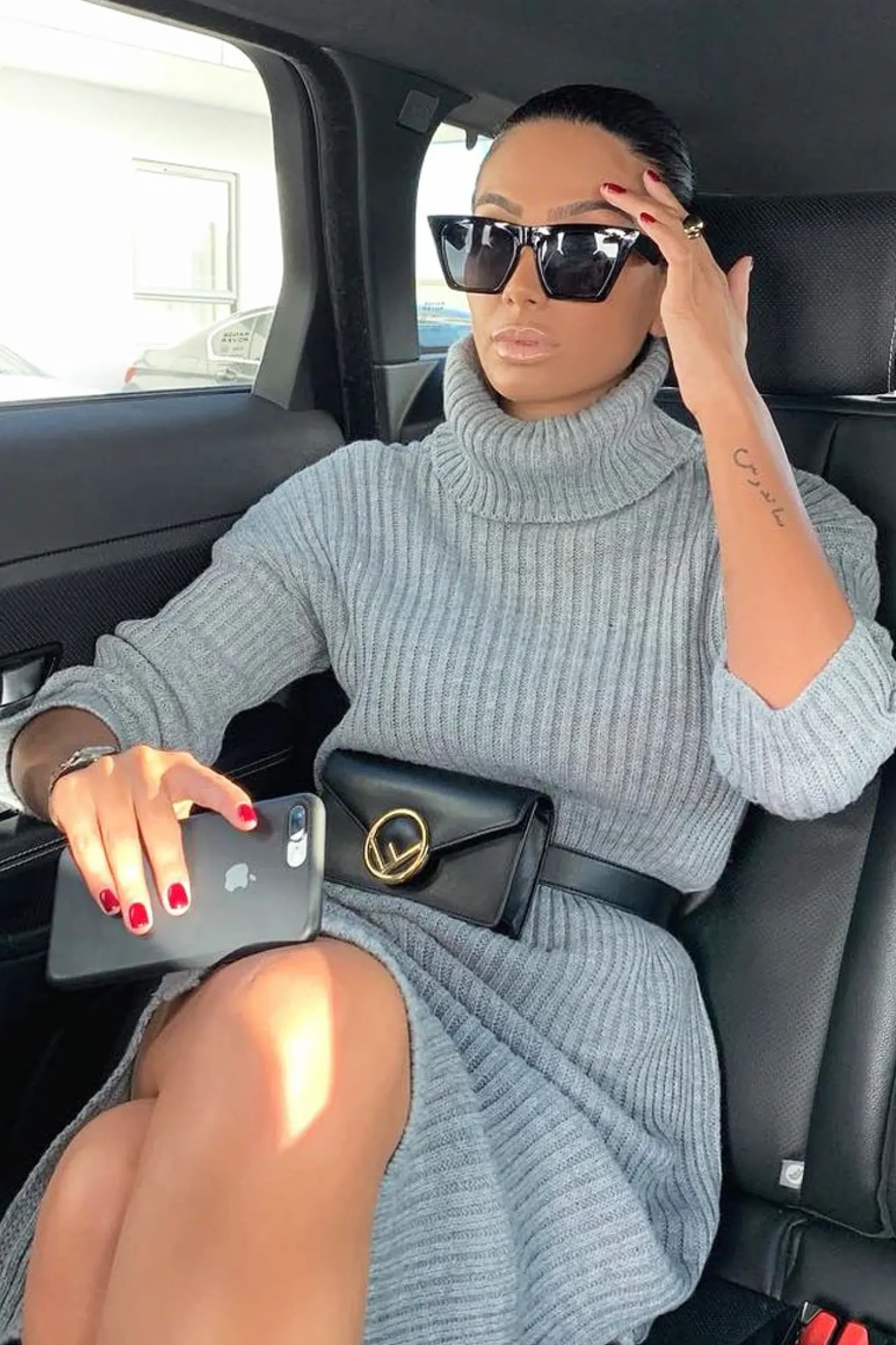 Rebellious Fashion Grey Knitted Roll Neck Jumper Dress - Cecily