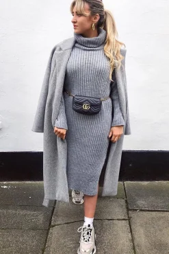 Rebellious Fashion Grey Knitted Roll Neck Jumper Dress - Cecily