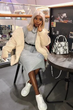 Rebellious Fashion Grey Knitted Roll Neck Jumper Dress - Cecily