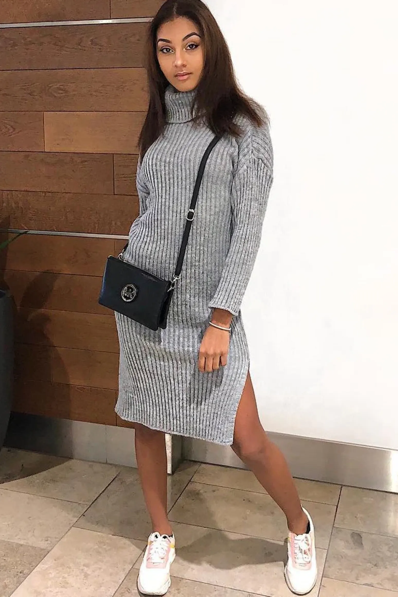 Rebellious Fashion Grey Knitted Roll Neck Jumper Dress - Cecily