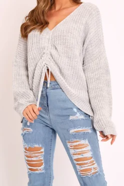 Rebellious Fashion Grey Knitted Ruched Tie Front Jumper - Soraya