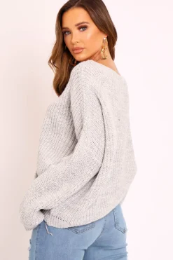 Rebellious Fashion Grey Knitted Ruched Tie Front Jumper - Soraya